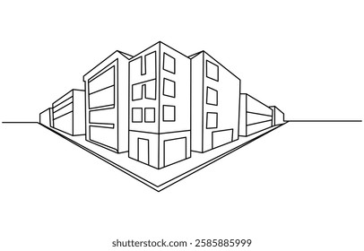 Flat roof house or commercial building in continuous line art drawing style,Continuous one line art building
