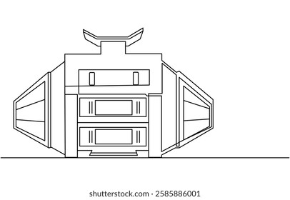 Flat roof house or commercial building in continuous line art drawing style,Continuous one line art building
