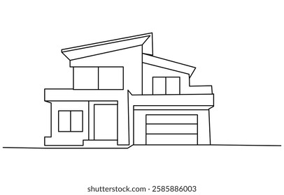 Flat roof house or commercial building in continuous line art drawing style,Continuous one line art building
