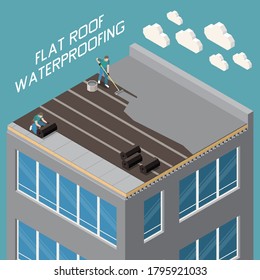 Flat roof waterproofing with polymer bitumen mastic and ruberoid gradient insulation closeup isometric composition vector illustration 