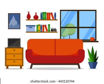 Flat room with sofa. Home workplace flat vector design.