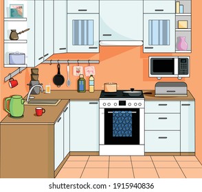 Flat room vector illustration. indoor kitchen Interior with stove, cupboard, dishes and other kitchen utensils