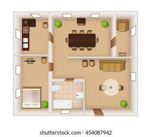 Flat rooms interior with furniture and equipment top view vector illustration