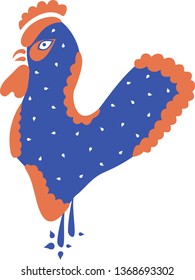 Flat rooster of geometric shapes, decorated with drops on a white background. Vector.