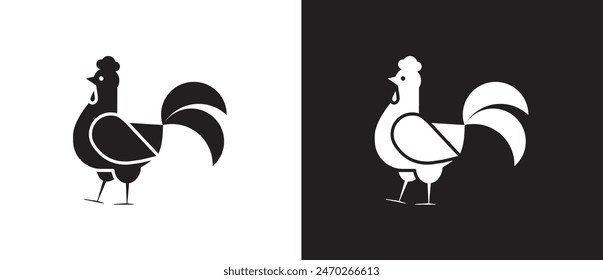 Icono de gallo plano. Plantilla con el logo Rooster. Pollo, Gallo icono plano. Símbolo de granja. Icono de pollo Ilustración vectorial aislado sobre fondo blanco y negro. Eps 10