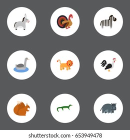 Flat Rooster, Predator, Turkeycock And Other Vector Elements. Set Of Alive Flat Symbols Also Includes Zebra, Gobbler, Jackass Objects.