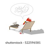 Flat Rooster resting on the beach. Congratulation with Happy New Year.