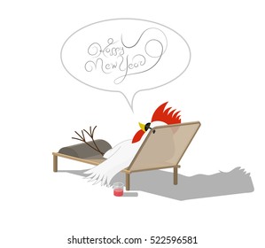 Flat Rooster resting on the beach. Congratulation with Happy New Year.
