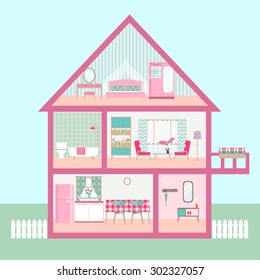 Flat Rose Dollhouse Section With Interior Living Room, Functional Attic, Balcony. Vector Illustration