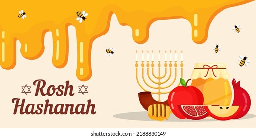 Flat Rosh Hashanah Background Illustration With Melted Honey, Fruits, And Bee