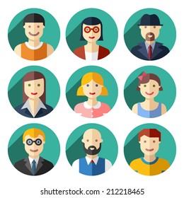 Flat round avatar icons, faces, people icons