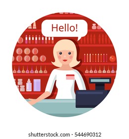 Flat round beauty consultation composition with beauty consultant say hello to buyer vector illustration