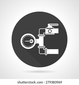 Flat round black vector icon with white silhouette pipeline with manometer on gray background. 