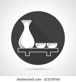 Flat round black vector icon with white contour sake set. Decanter with two cups on tray. Asian menu. Design elements for business and website