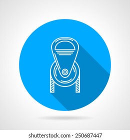 Flat round blue vector icon with white contour climbing or construction pulley on gray background. Long shadow design