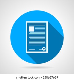 Flat round blue vector icon with white contour resume or some other document with photo on gray background. Long shadow design