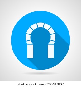 Flat round blue vector icon with white silhouette brick horseshoe archway on gray background. Long shadow design