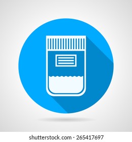 Flat round blue vector icon with white silhouette urine sample container with label on gray background. Long shadow design