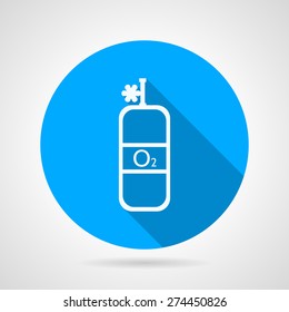 Flat round blue vector icon with white line oxygen cylinder with valve on gray background. Long shadow design