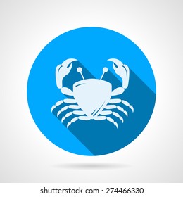 Flat round blue vector icon with white silhouette crab on gray background. Long shadow design
