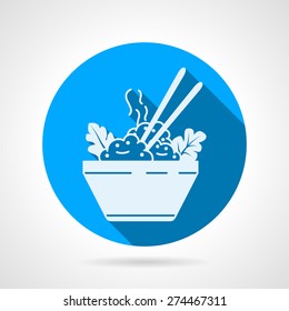 Flat round blue vector icon with white silhouette bowl with boiled rice with vegetables on gray background. Long shadow design