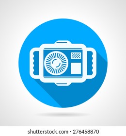Flat round blue vector icon for diving camera in case on gray background. Long shadow design