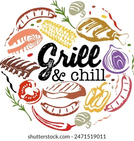 Logotipo plano de color redondo con comida a la parrilla, Elementos de Vector sobre el tema de barbacoa