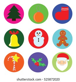 Flat round colored icons. Set  New year and Christmas.
