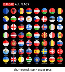 Flat Round Flags of Europe on Black Background - Full Vector Collection
