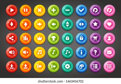 Flat round game buttons in flat cartoon style