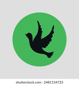 Flat round green icon with black silhouette of a bird. Vector on a gray background