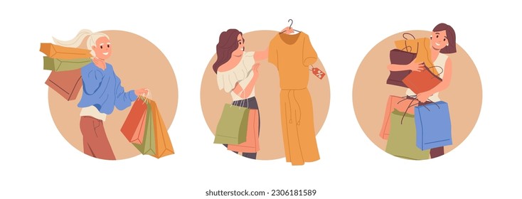Flat round icon frame set with happy young woman cartoon shopper characters making purchases