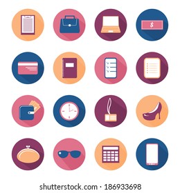 Flat round icon set with long shadow, female infographics