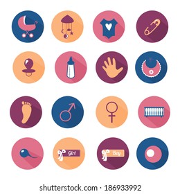 Flat round icon set with long shadow, female infographics