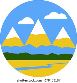 Flat round icon with three mountains, river and clouds