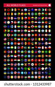 Flat Round Icons of All World Flags isolated on black background. Ultimate Vector Collection.