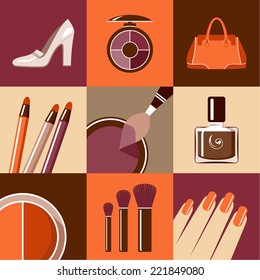 Flat round icons with cosmetics and accessories. vector