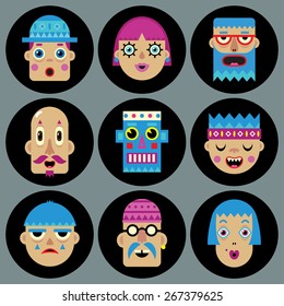 Flat round icons with people faces. Vector set.