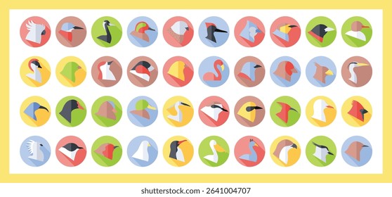 Flat Round Icons of Various Bird Heads for Ornithology and Nature