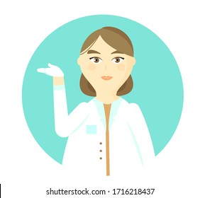 flat round illustration on a blue background: a female doctor in white gives recommendations