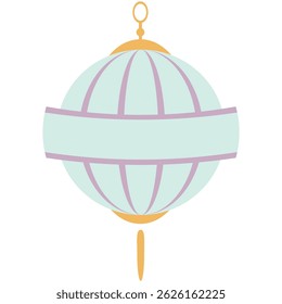 Flat round lantern in pastel white with purple stripes and golden top, ideal for Ramadan, festive themes, or elegant Islamic design sets.