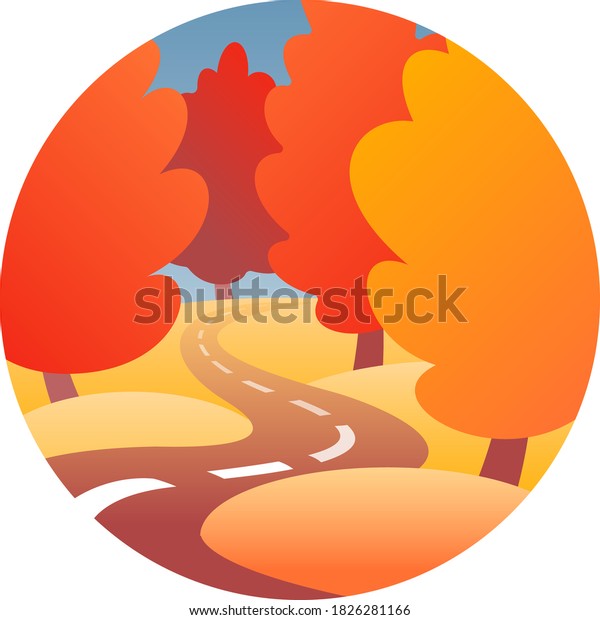 Flat round minimalist\
illustration with the autumn highway going through the forest and\
surrounded by trees. Warm yellow, orange, and red color scheme.\
Vector EPS10 file.