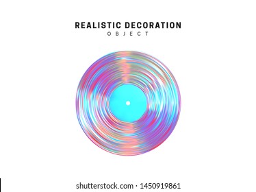 Flat Round music vinyl plate Realistic shape 3d objects with gradient holographic color of hologram. Geometric decorative design elements isolated on white background. vector illustration.