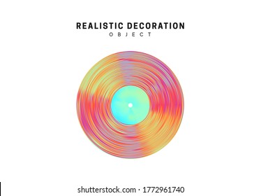 Flat Round music vinyl plate. Realistic shape 3d objects with gradient holographic color of hologram. Decorative design elements isolated on white background. vector illustration.