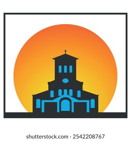 Flache, runde, orangefarbene Ikone mit Silhouette einer christlichen Kirche. Vektorgrafik auf grauem Hintergrund