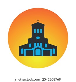 Ícone laranja redondo plano com silhueta de uma igreja cristã. Vetor em um plano de fundo cinza