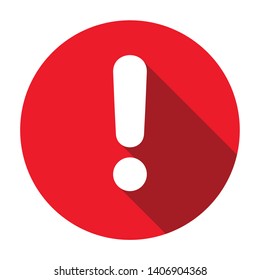 Flat round red exclamation point icon, button, attention symbol isolated on white background