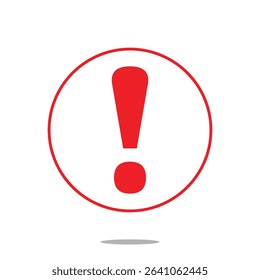 Flat round red exclamation point icon, button, attention symbol isolated on white background . Vector Illustration . EPS 10 .