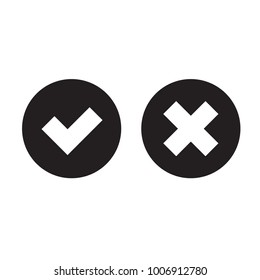 Flat  round shape icons, black checkmark and crossmark, vector, isolated on white background