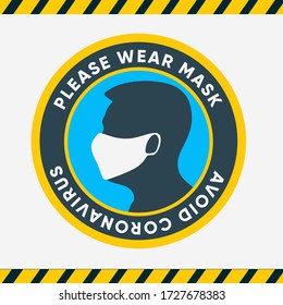 Flat round symbol. Please wear Mask for safety from pandemic. Vector stock image. Stickers for public places where there are a lot of people.